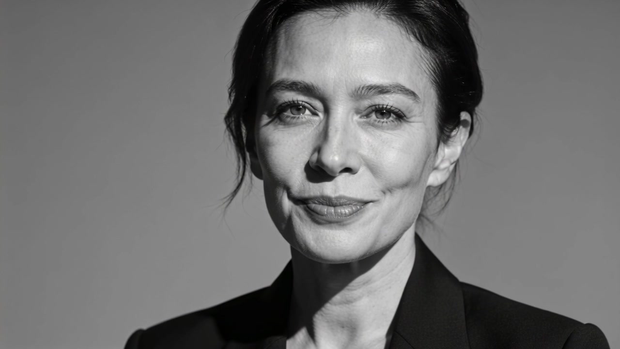 Turning woman in dark blazer on camera cue at studio, forming soft closed-lip smile, grey backdrop