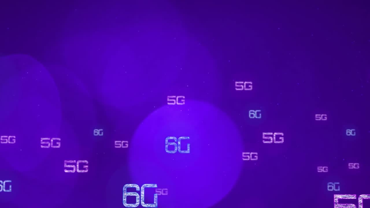 animación de texto de 5g y 6g sobre puntos en fondo azul.