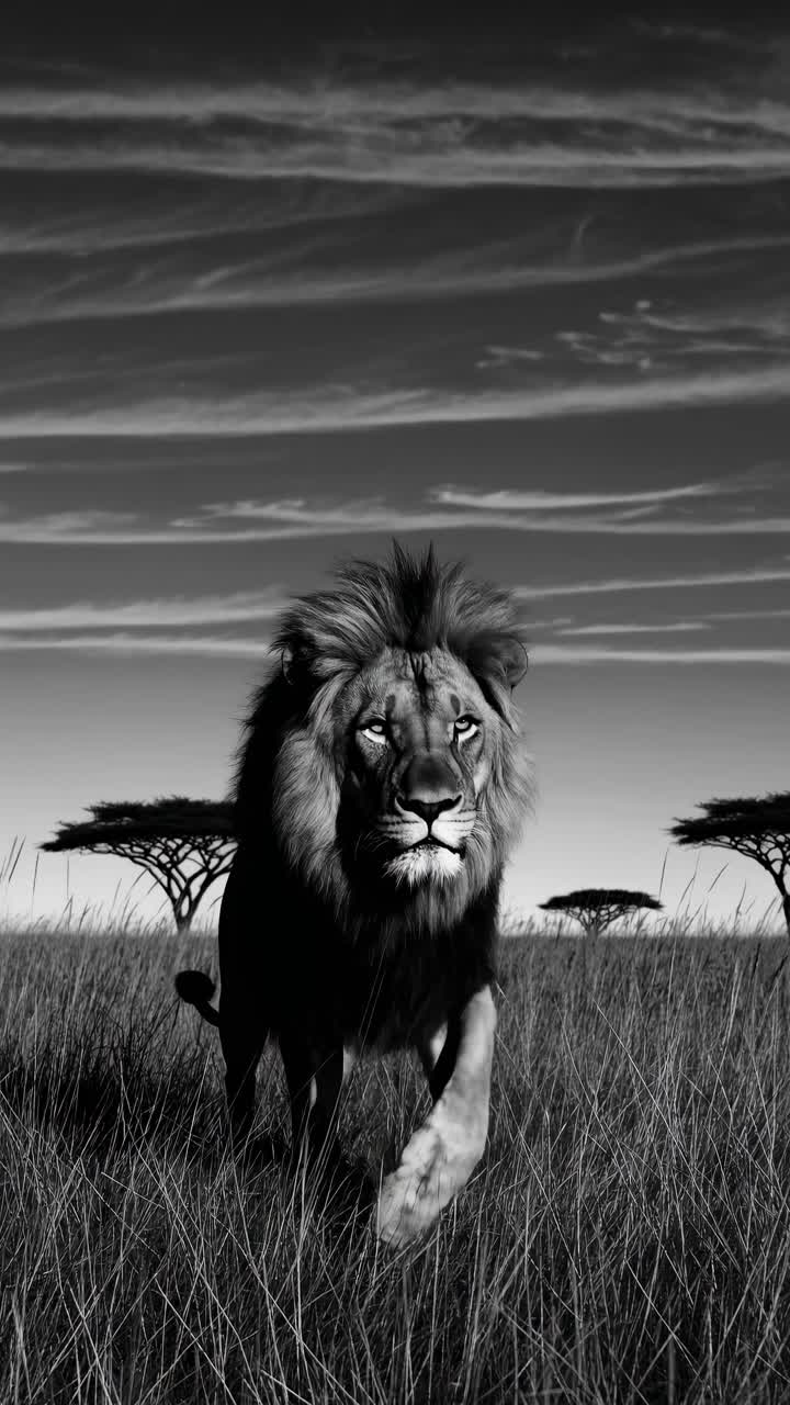 Dramatic black and white video still of a lion in the savannah, captured from a low angle