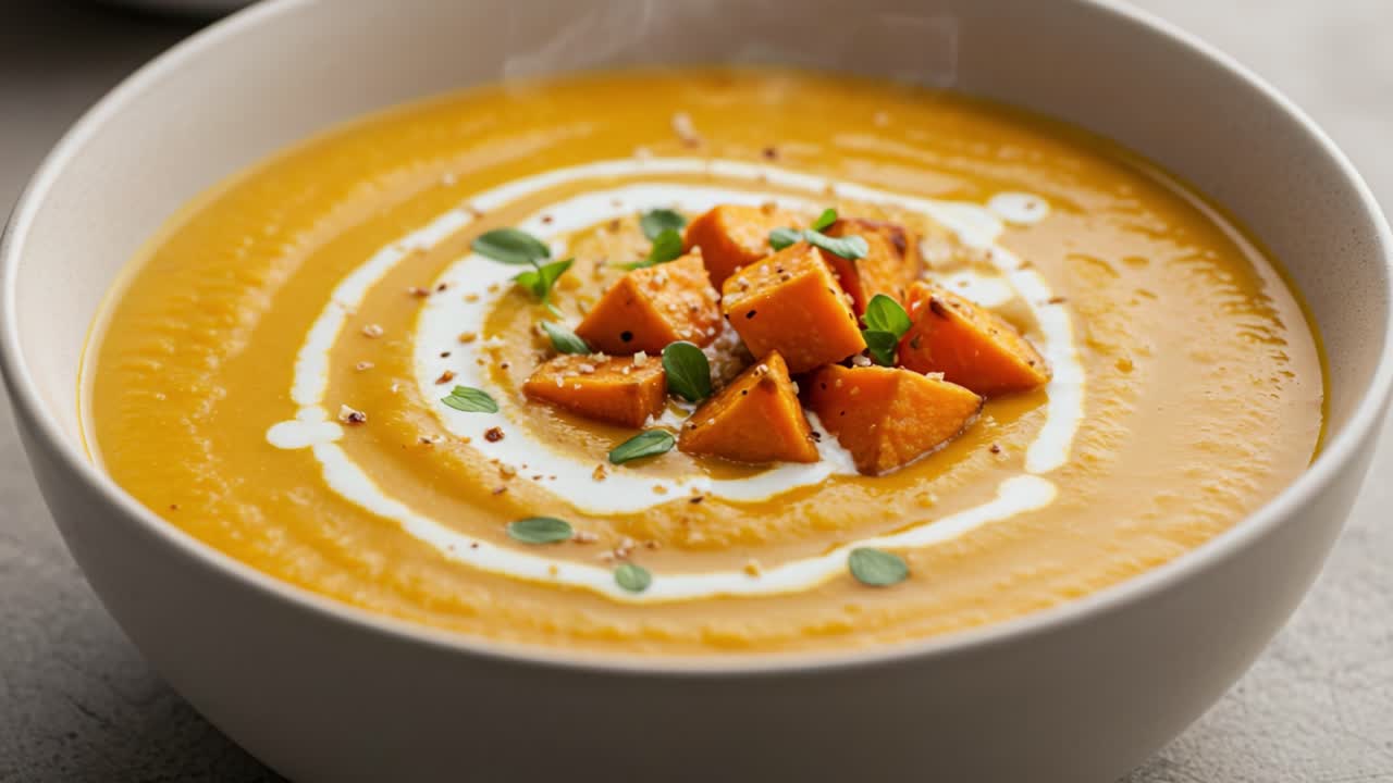 Creamy Sweet Potato Soup with Roasted Sweet Potatoes and Herbs