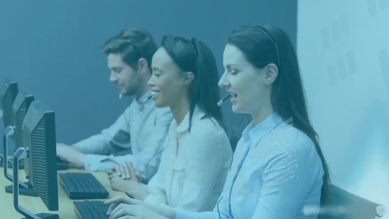 Animation of financial data processing over business people working in office