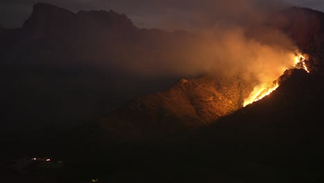 natural disasters concept, wild fire and smoke in hills at night, static view