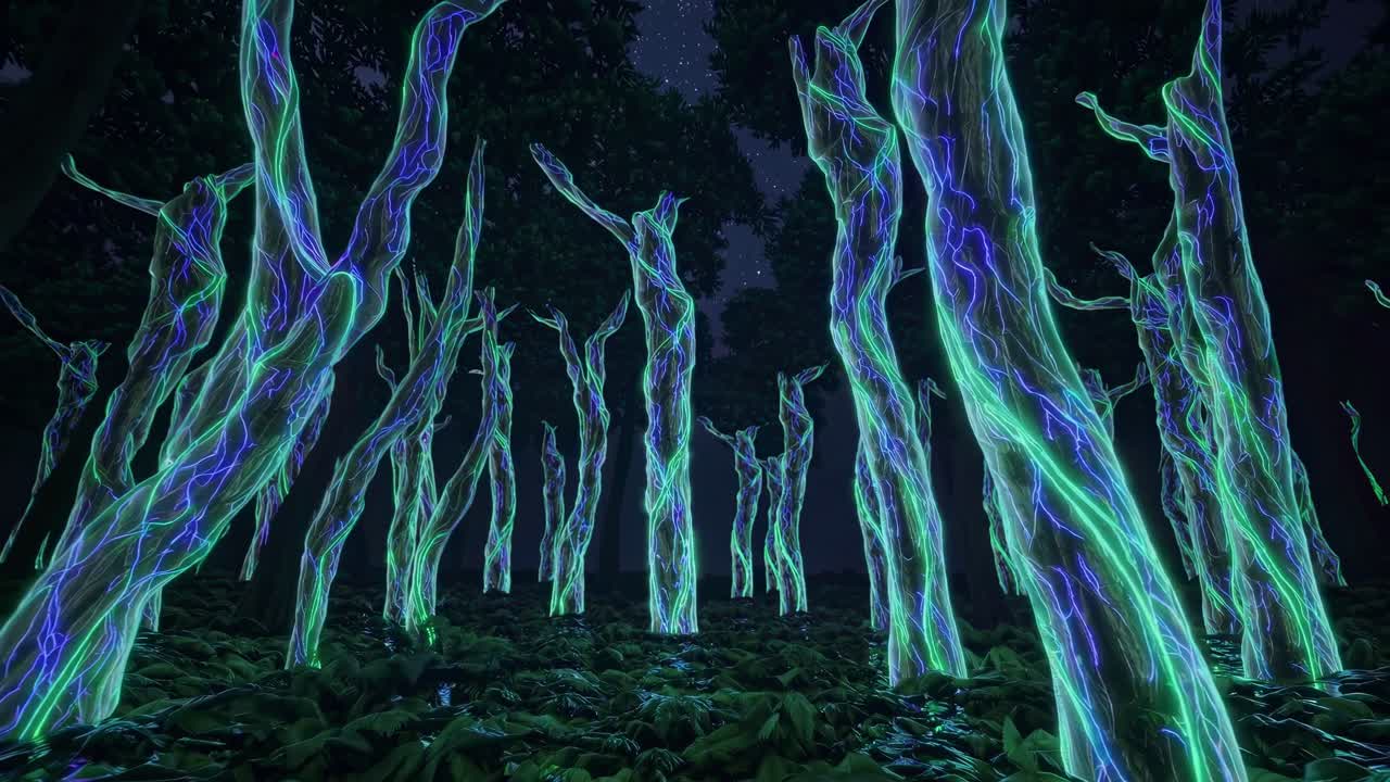 Glödande elektroluminiscenta träd på natten