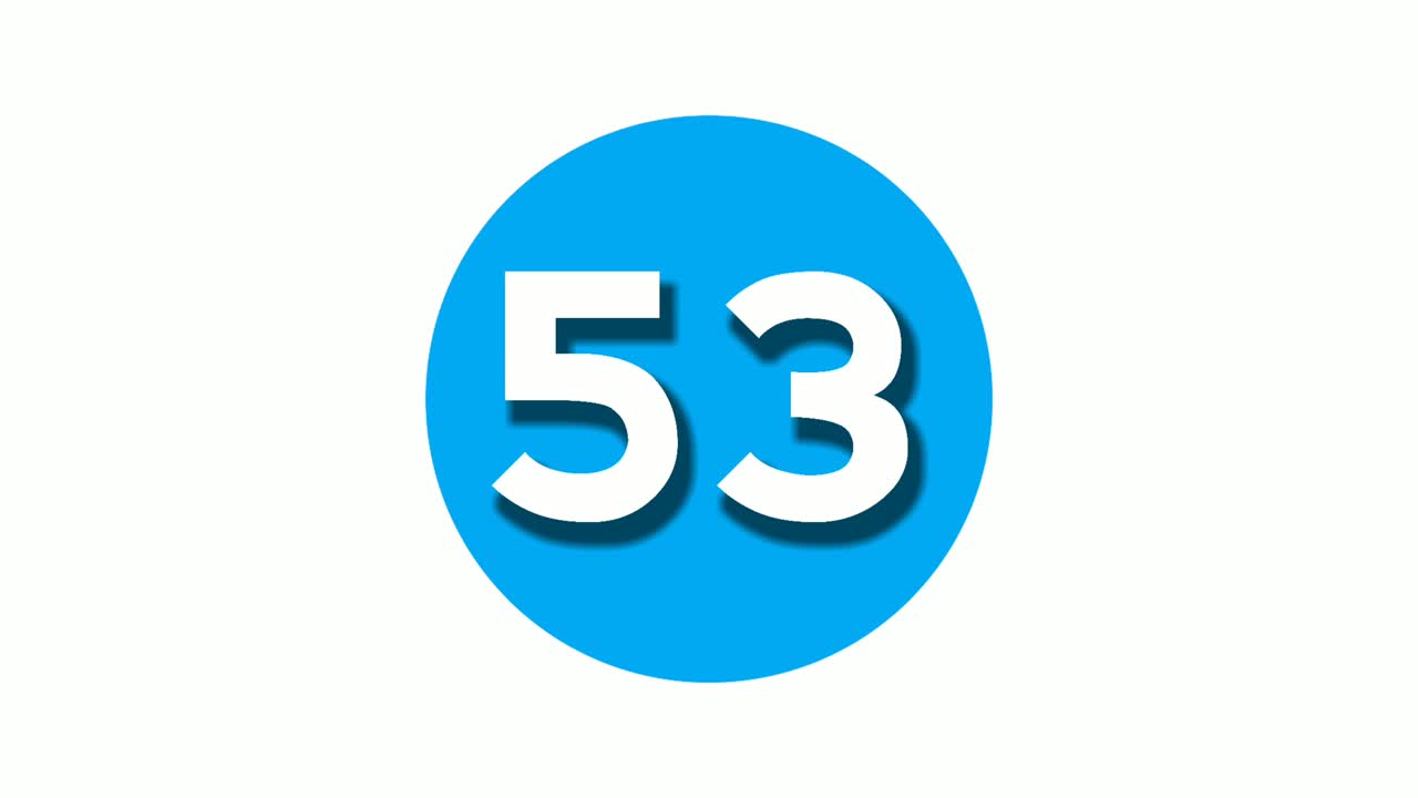 Number 53 fifty three sign symbol animation motion graphics on blue circle white background,cartoon video number for video elements