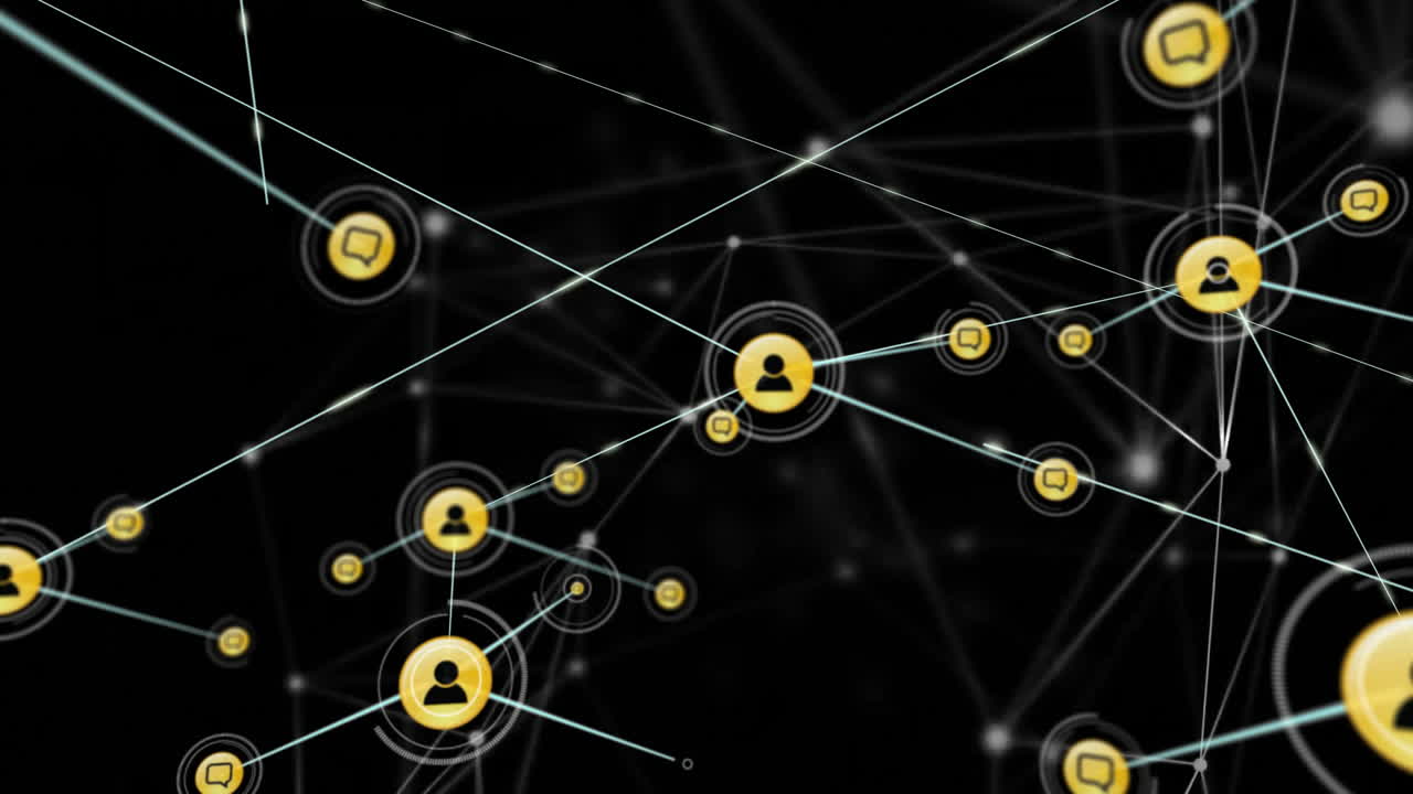 Animation of network of connections with icons on black background