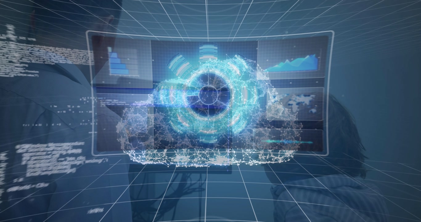 Animation of digital cloud over caucasian male doctor and boy