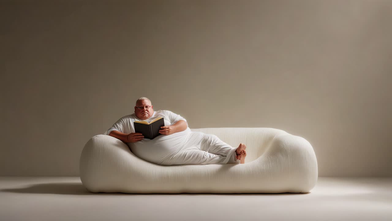 A Relaxing Moment: An Individual in Comfortable White Attire Enjoys Reading a Book While Lounging on a Soft Sofa, Surrounded by Minimalistic Design and Natural Light