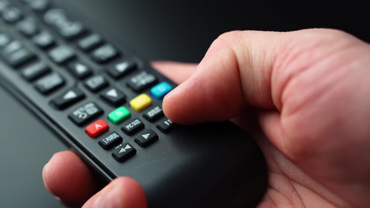 Close-up of a hand pressing the fast forward button on a TV remote, skipping ahead during playback with shallow depth of field for streaming and home entertainment b-roll