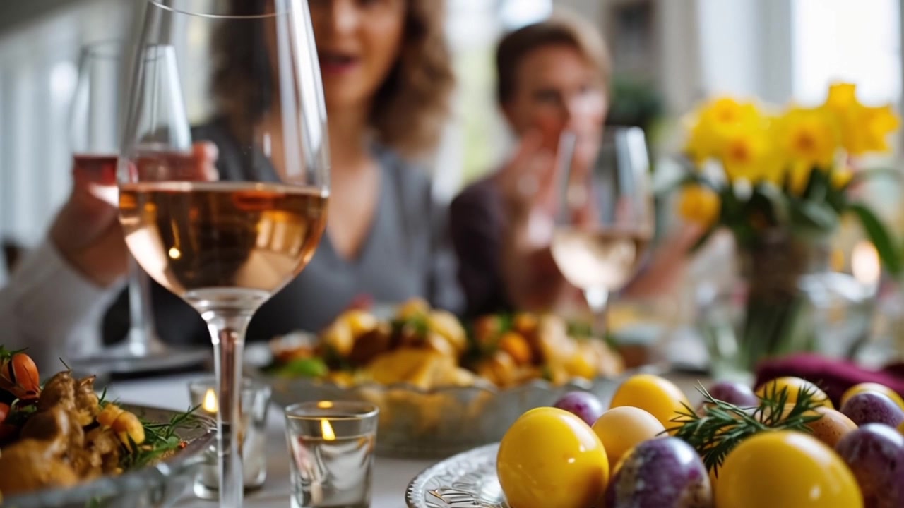Festlicher Ostertisch mit dekorierten Eiern und Weingläsern