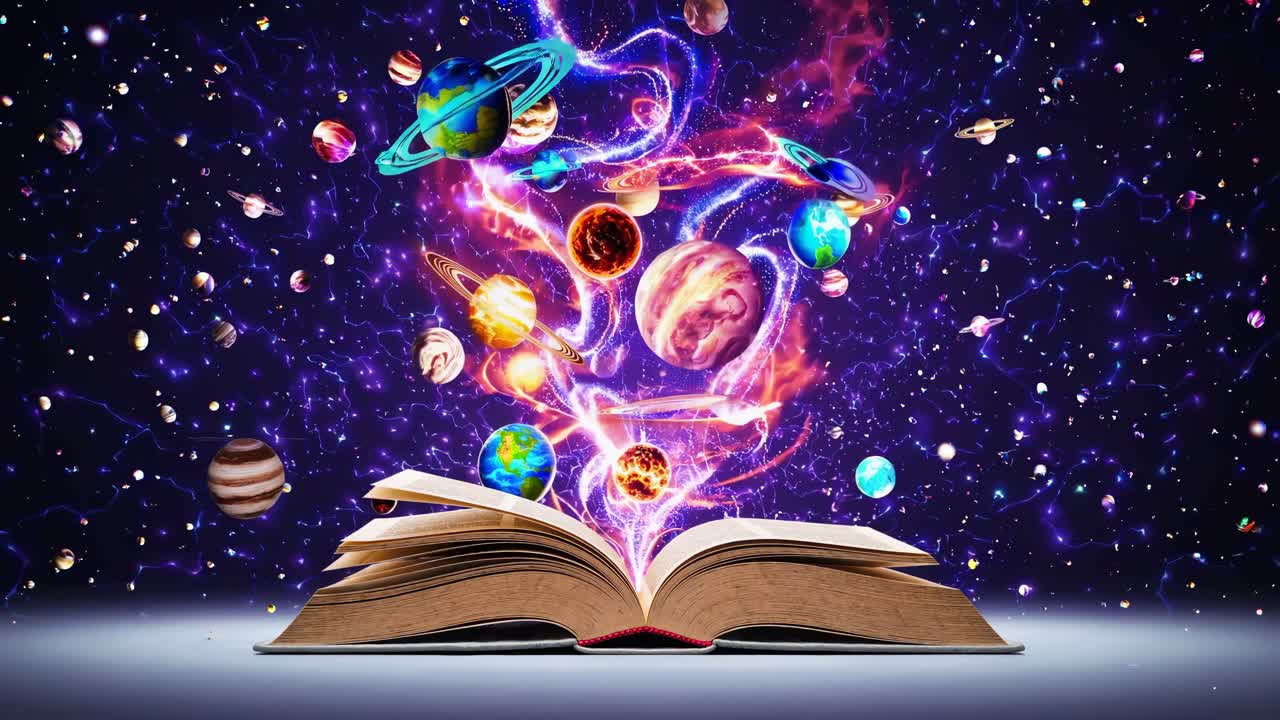 Libro aperto con pianeti e galassie che emergono, visto da un'angolazione bassa.
