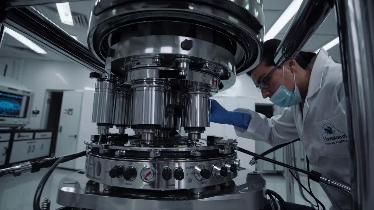 Low-angle video shot of a scientist in a lab coat and mask examining a large industrial machine