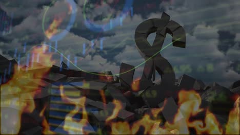animación del procesamiento de datos financieros sobre un signo de dólar en llamas