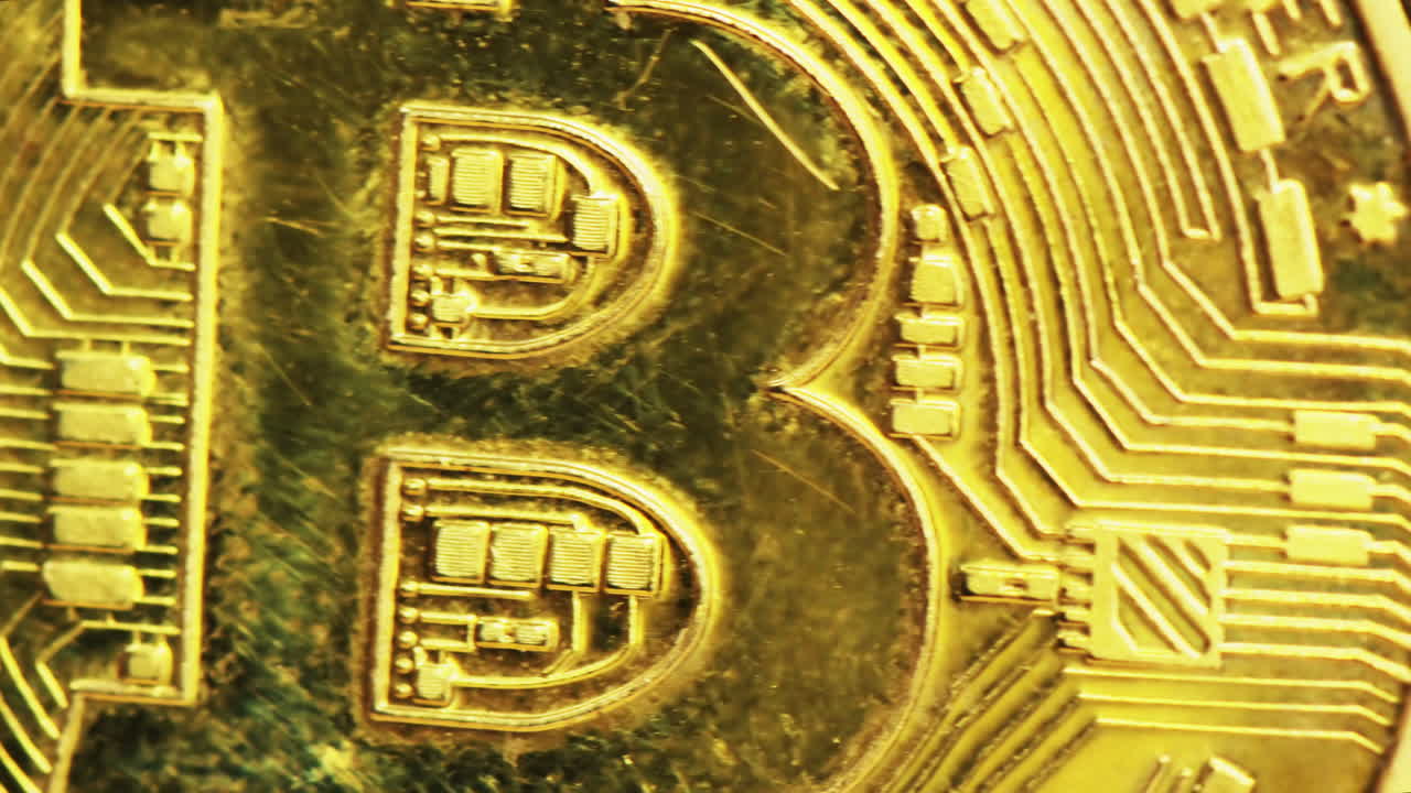 Close up macro golden bitcoin crypto currency blockchain