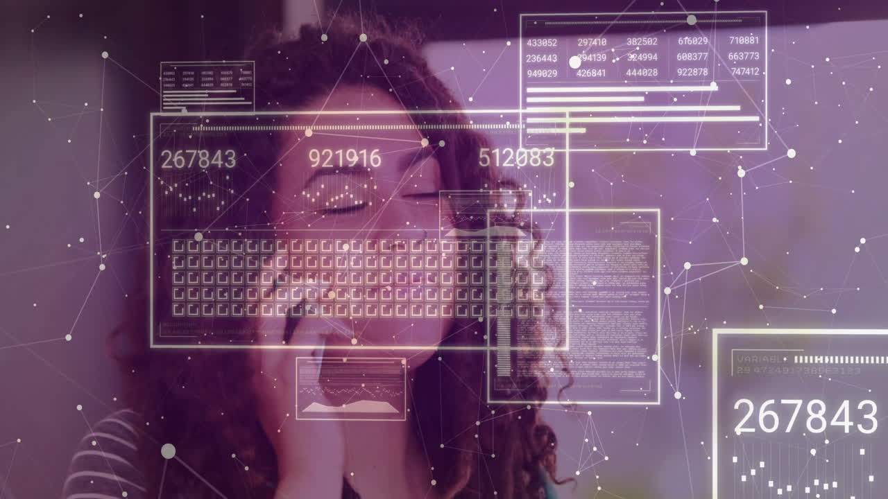 Talking on phone, woman with digital network animation overlay in background