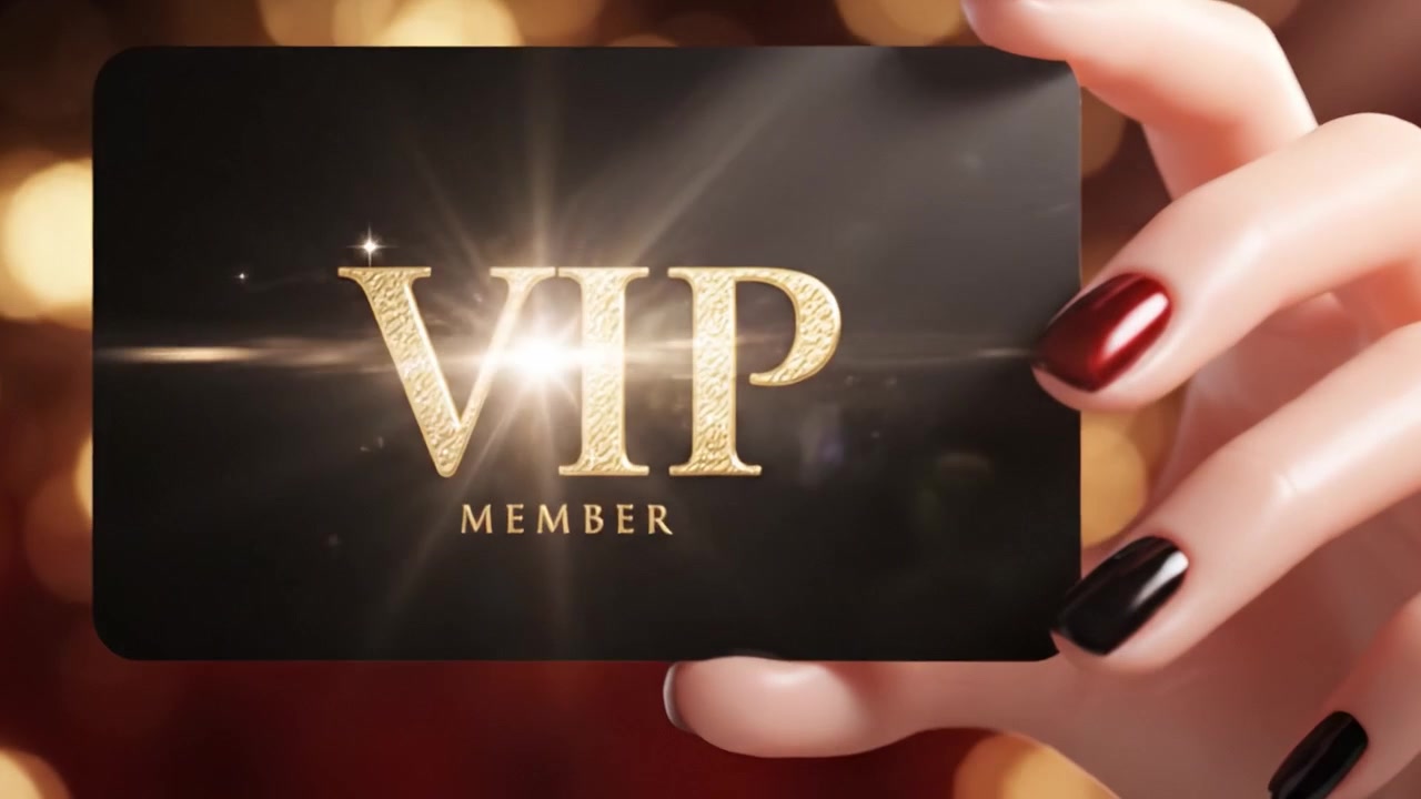 En glamourøs hånd holder et skinnende VIP-medlemskort, prydet med funklende visuelle effekter, der indbyder til eksklusivitet og luksus i elegante omgivelser.