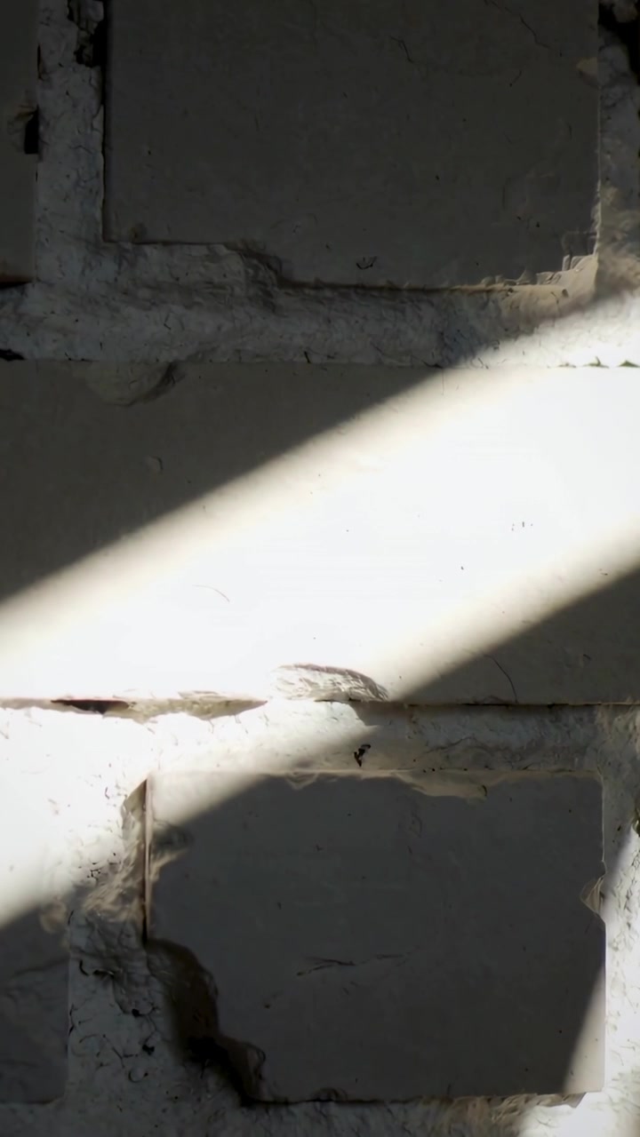Vertical video: Sunlight through slat shifting across painted brick wall, revealing chipped paint