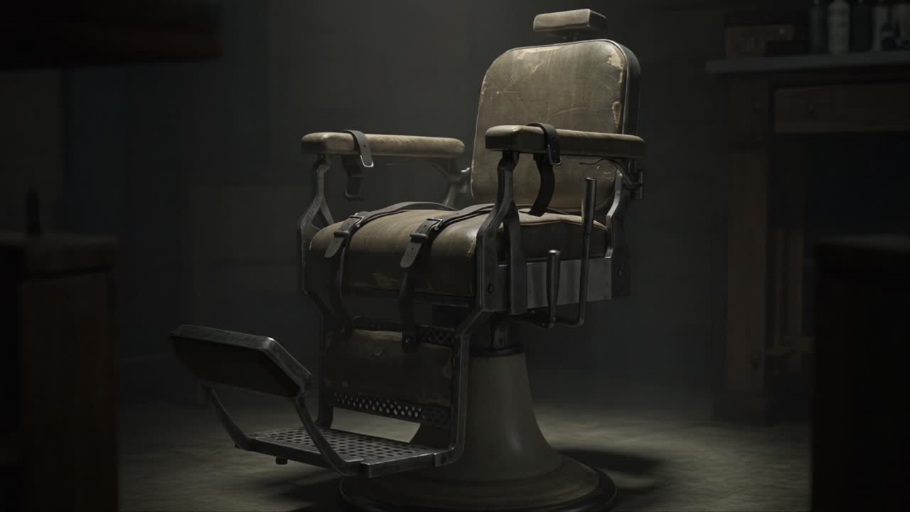 A somber, well-worn barber's chair stands alone in a dimly lit room, evoking a sense of nostalgia and mystery as the light softly casts shadows around the space