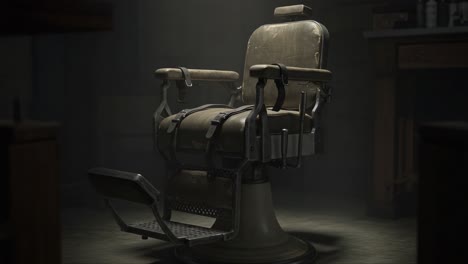 a somber, well-worn barber's chair stands alone in a dimly lit room, evoking a sense of nostalgia and mystery as the light softly casts shadows around the space
