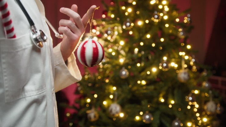 Um médico cardiologista anônimo envia saudações de Natal em frente à árvore