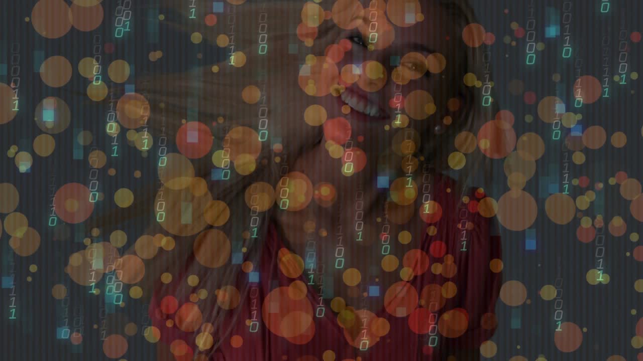 Streaming binary code and orbs overlay initiating model rotating hair and laughing for tech demo