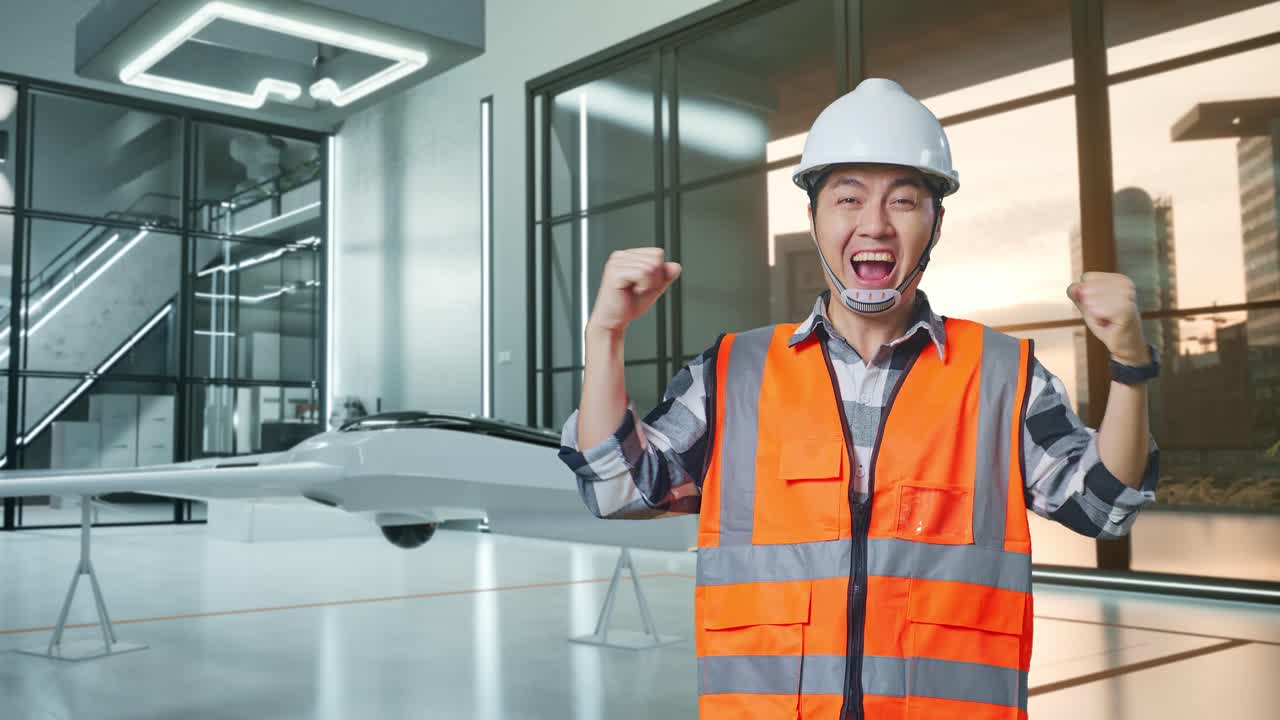 흥분 된 엔지니어 는 현대적 인 사무실 에서 성공 을 축하 하고 있다