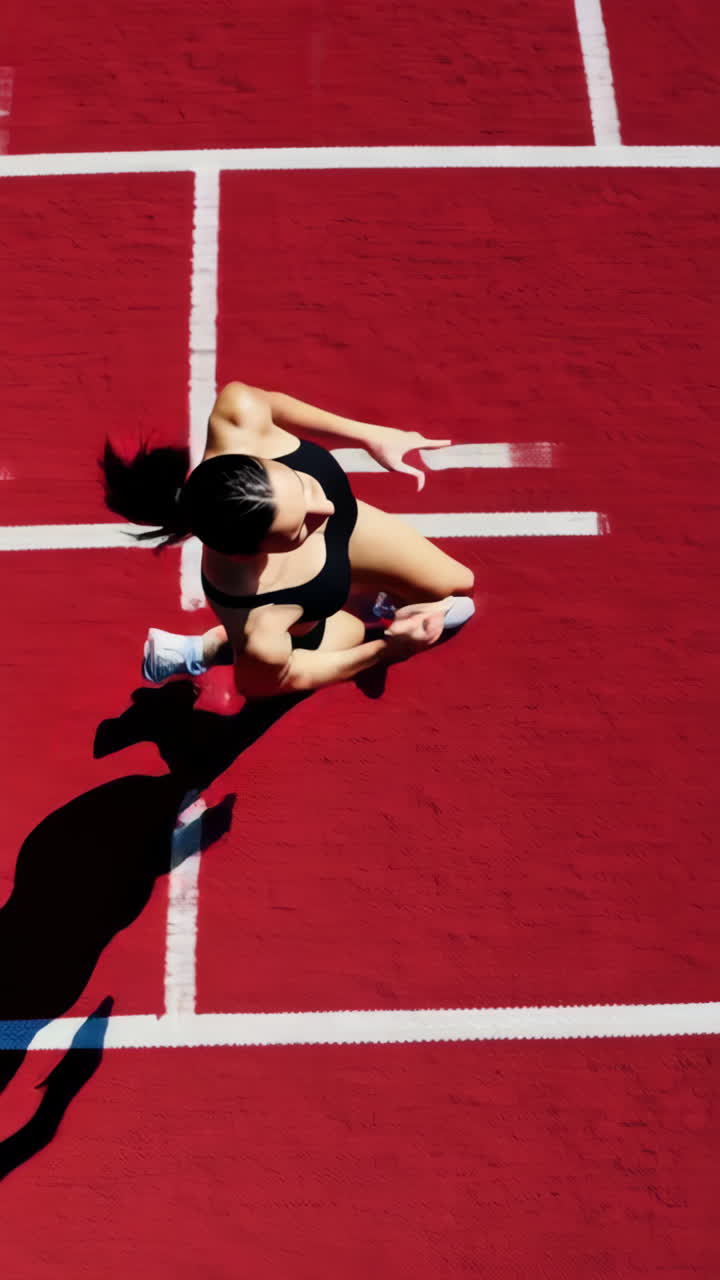 Overhead view of an athlete running on a red track