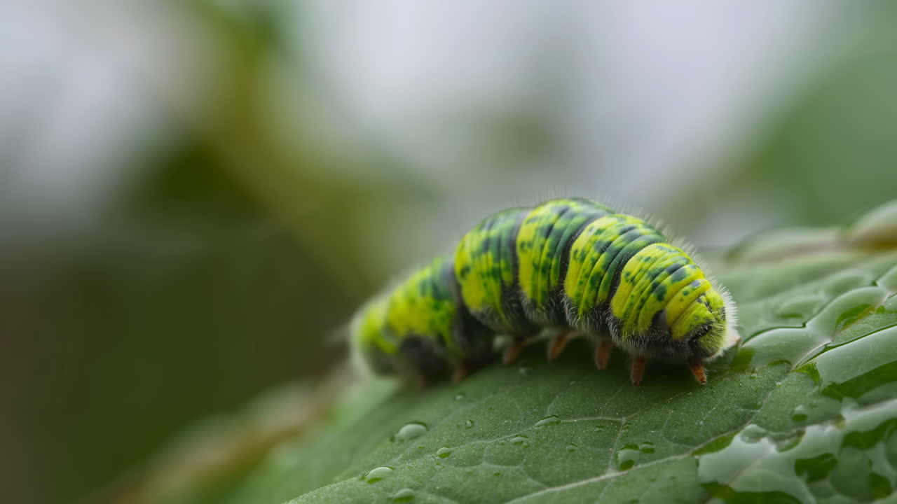 Primo piano di un bruco verde e giallo che striscia su una foglia bagnata.