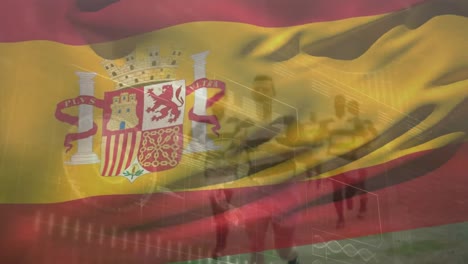 Animación-De-La-Bandera-De-España-Ondeando-Sobre-Jugadores-De-Rugby.