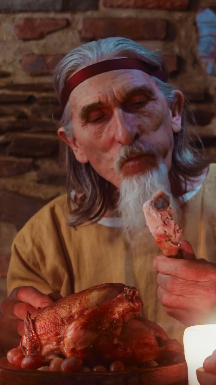 성숙한 봉건 영주가 중세 성에서 식사를합니다. 노인 손님은 나무 핀트를 열고 왕 성의 식탁에서 알레를 마시고 있습니다. 어두운 시대의 잔치.