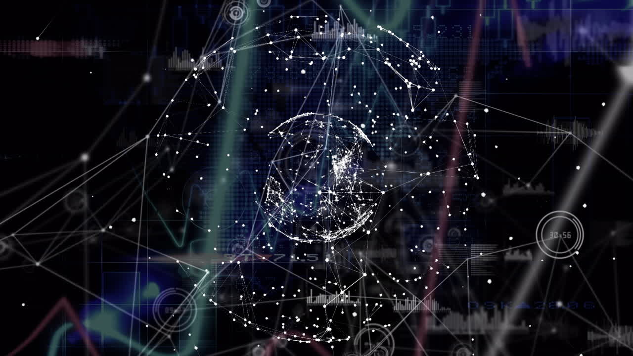 animación del procesamiento de datos estadísticos en todo el mundo de la red de conexiones sobre fondo negro