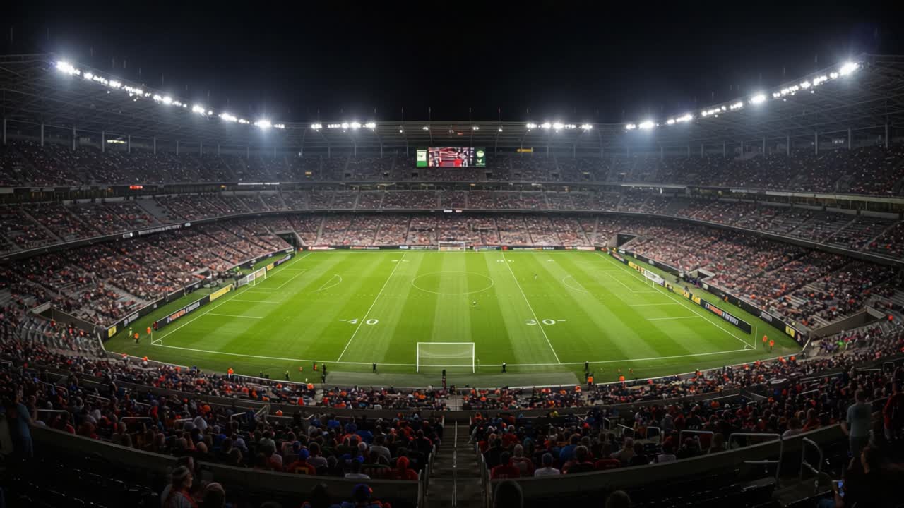 A Spectacular Evening at the Stadium: Fans Gather Under Bright Lights for an Exciting Soccer Match, Capturing the Electric Atmosphere and Anticipation of the Game