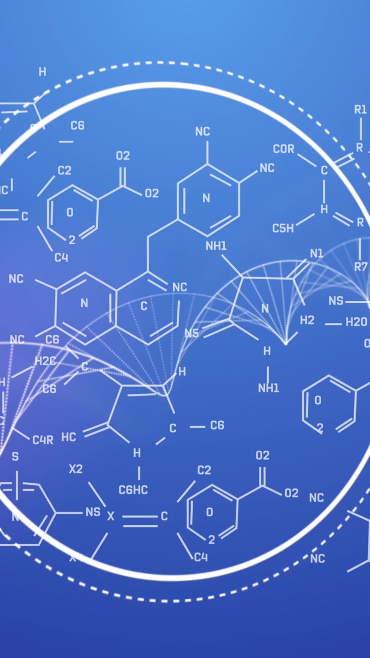 Animation of data processing and chemical formula on blue background