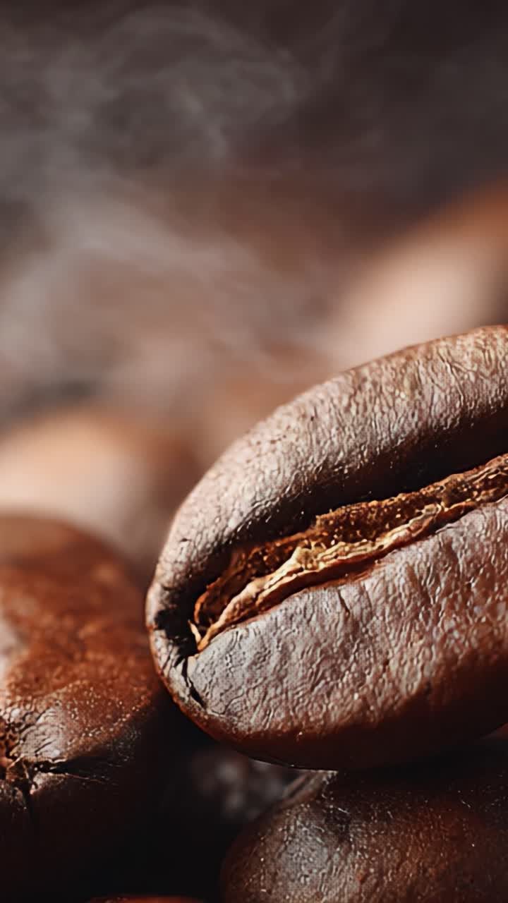 Nærbillede af rige kaffebønner med aromaer, der fanger essensen af friskristet smag og varmen fra en perfekt bryg for kaffeelskere.