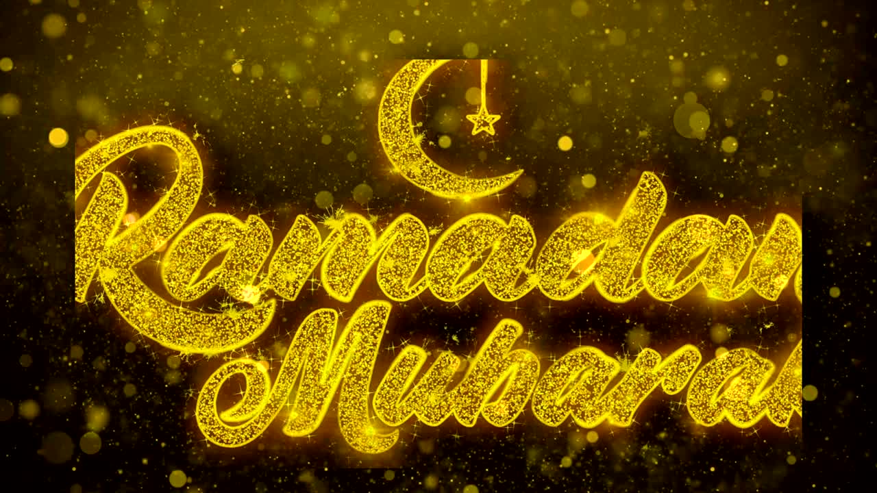 ramadán mubarak desea texto en el brillo dorado partículas de brillo animación