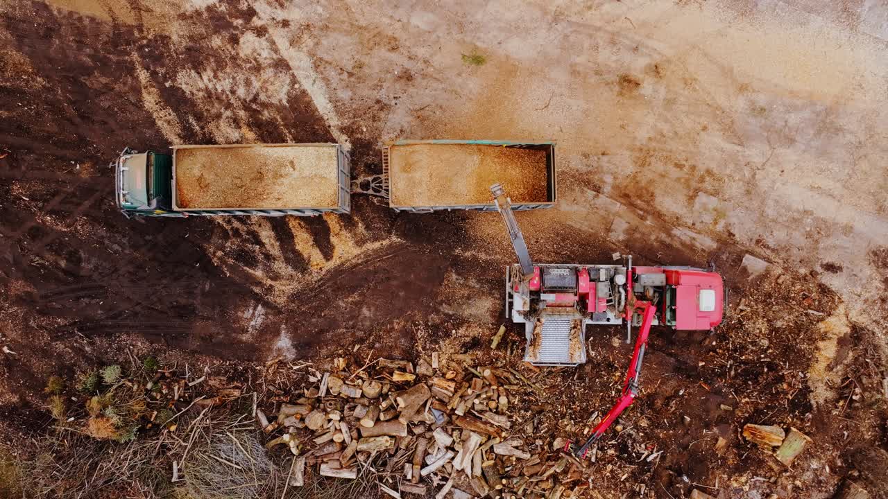 Static top-down drone shot of wood chipping and loading onto transport trucks