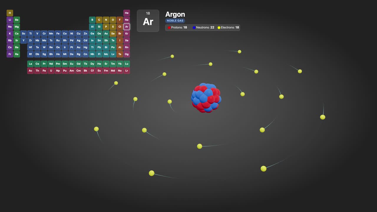 Educational 3D visualization of an argon atom with electrons orbiting a central nucleus