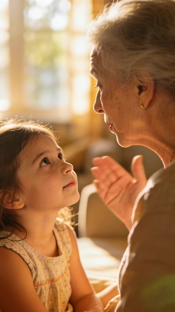 Video verticale: Nonna che si china e conforta il nipote dopo uno sguardo, parla e gesticola vicino alla finestra, con un maglione