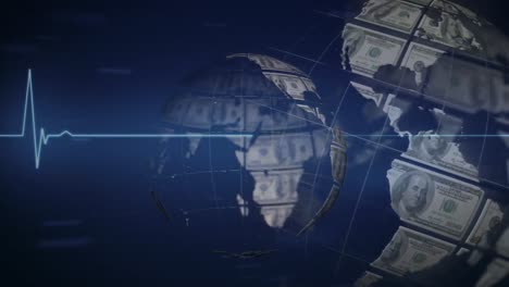 animation of globe formed with american dollar banknotes and heart rate data processing