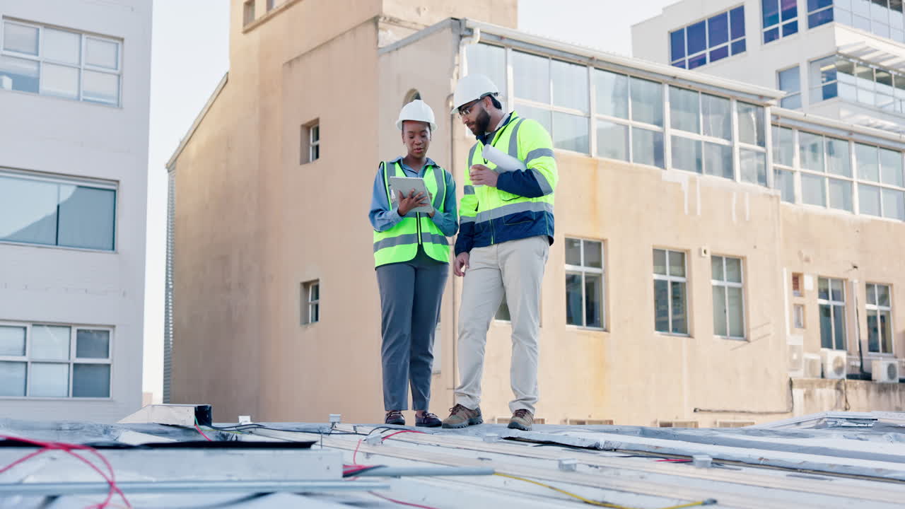profesionales de la construcción inspeccionando paneles solares en un techo