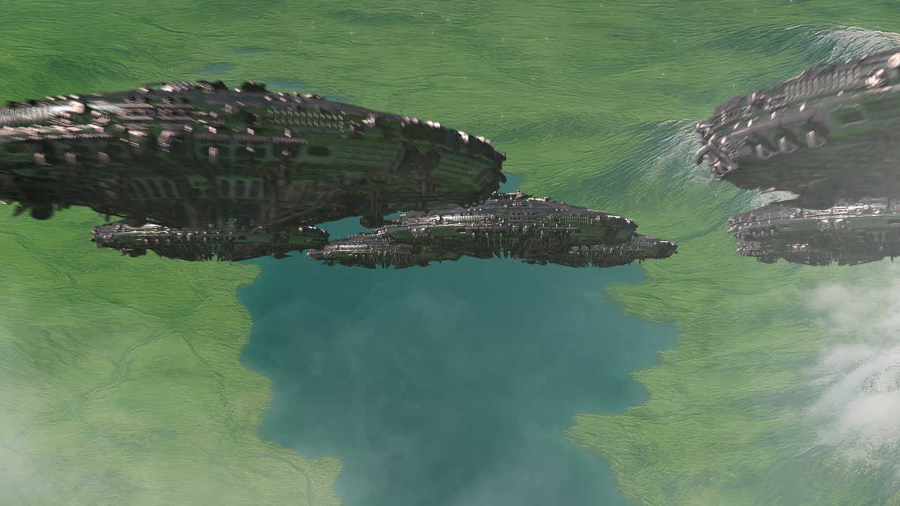 Alien warships above green valley lake