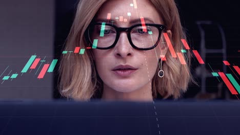 portrait of attractive blond woman in glasses working on laptop to research financial markets. a businesswoman trader analyzing stock market rates to make the best investment solution