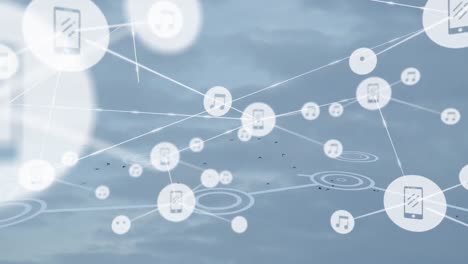 animation of network of connections with digital icons over clouds