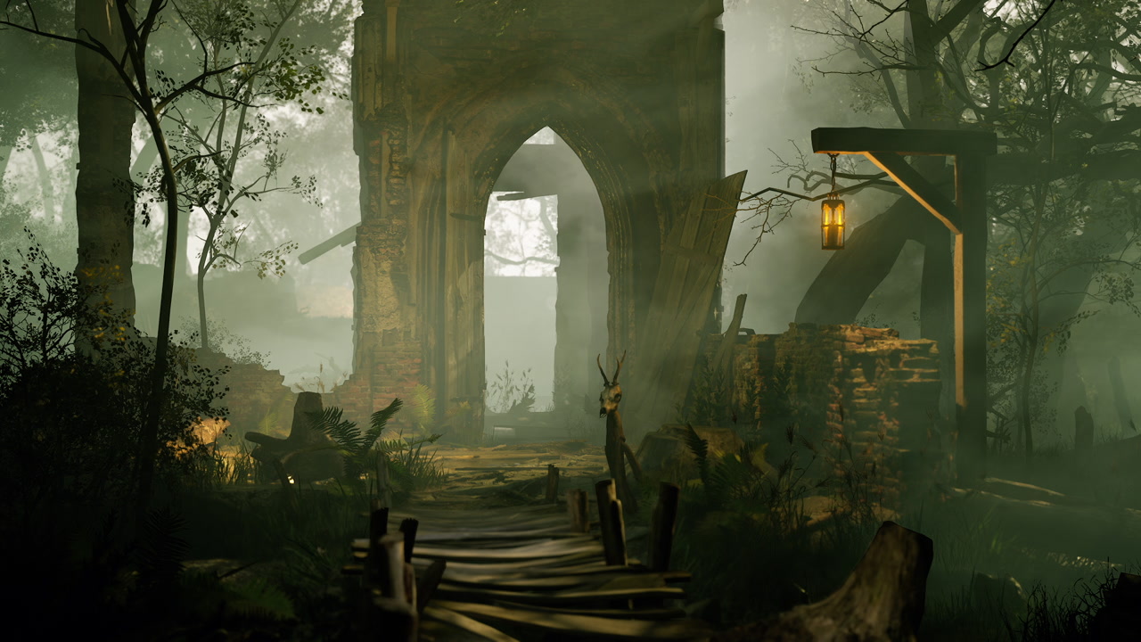 Mysterious ruins in a foggy forest create an enchanting atmosphere
