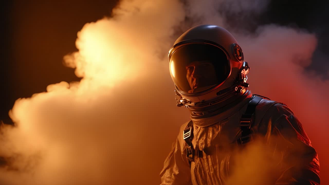 En astronaut står midt i levende farvet røg, der viser en surrealistisk atmosfære fyldt med undren og mystik i rumudforskningens enorme udstrækning