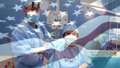 animation of flag of usa waving over surgeons in operating theatre