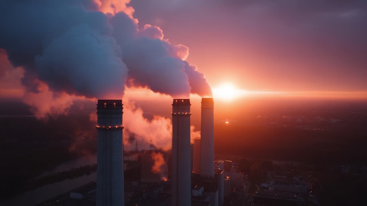Tramonto maestoso su ciminiere industriali con nuvole fumanti, catturando l'incrocio tra natura e attività umana in una vista aerea mozzafiato