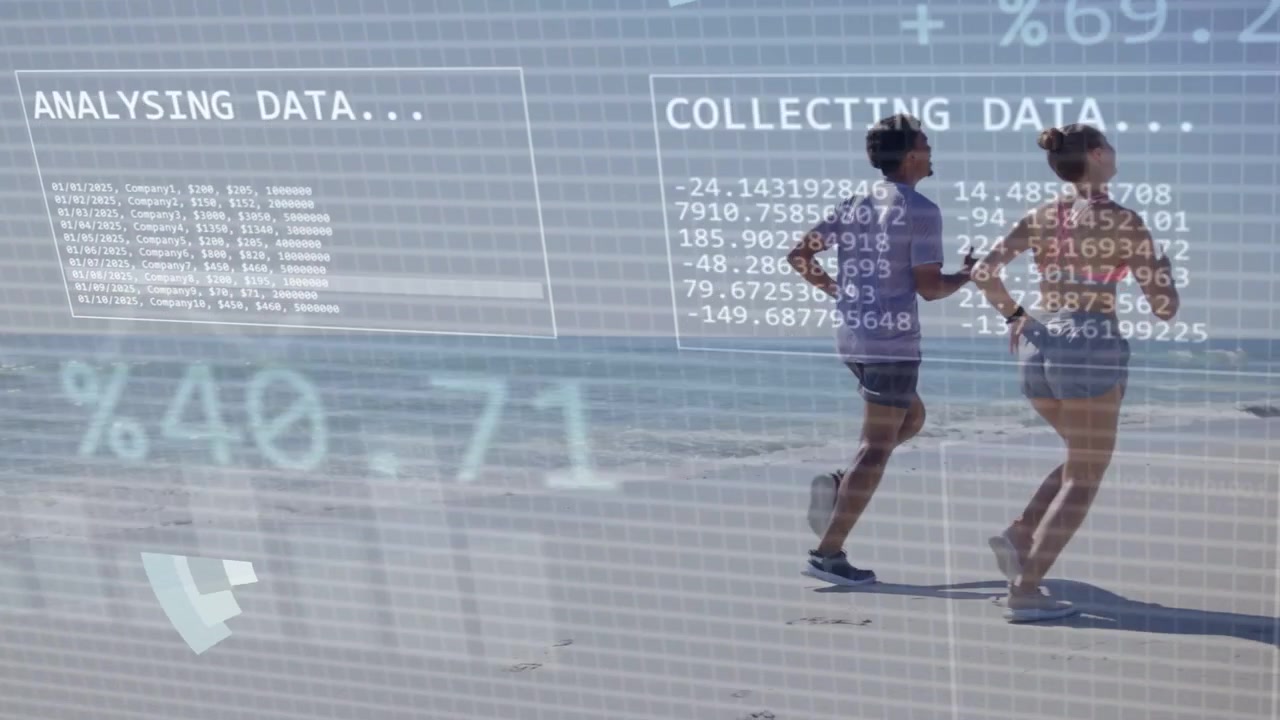 Two runners jogging shoreline, movement initiating fitness-data pie chart overlaying runners