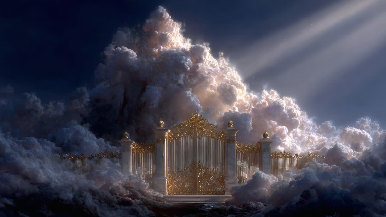 A Majestic Golden Gate Surrounded by Ethereal Clouds and Illuminated by Radiant Light, Signifying a Pathway to Tranquility and Peace
