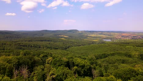 Aerial-view-of-forested-valley,-Danube-River-near-Varbo,-Hungary