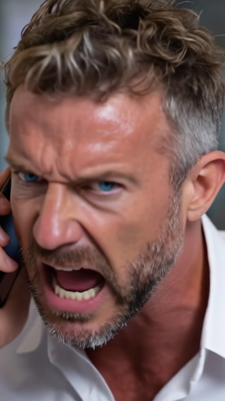 Intense Anger: A Man Yelling on the Phone, Displaying Frustration and Emotion in a Heated Moment Captured in a Dramatic Expression of Discontent